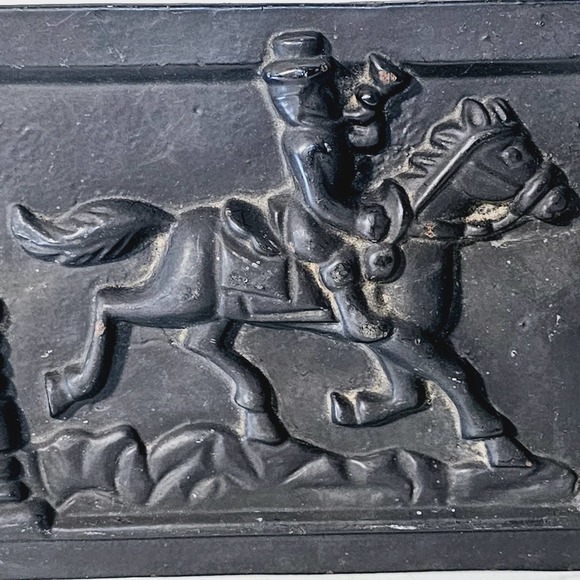 Antique Cast Iron Stove Plate or Mailbox Front Panel Man on Horse Door Cover - Picture 1 of 7